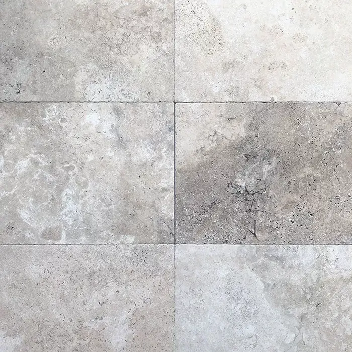 CLose up view of Grey Tumbled Travertine Tile